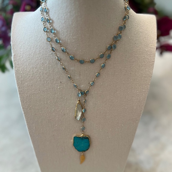 One of a kind Turquoise, Baroque Pearl & Aquamarine Lariat Necklace - Picture 2 of 9